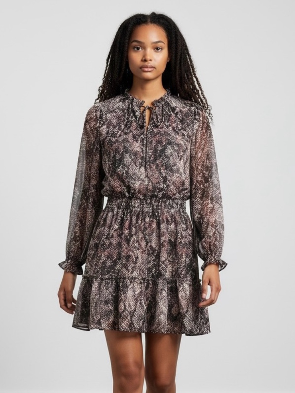 Lola Grace Sheer Long-Sleeve Ruffled Tiered Dress in Brown Snake Print S